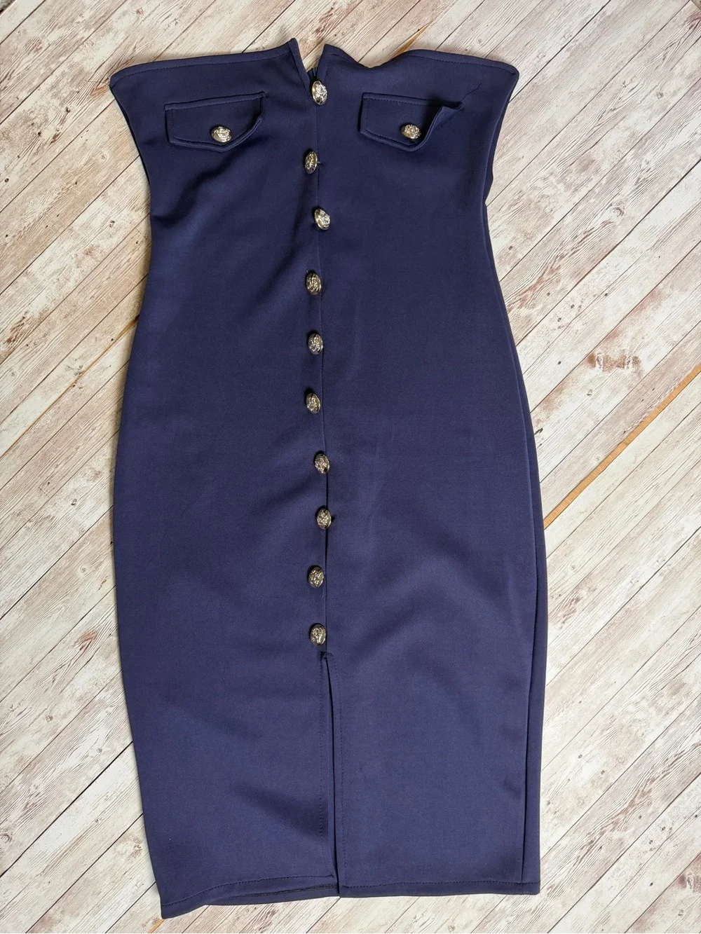 Strapless Navy Button-Front Sheath Dress - Picture 3 of 8